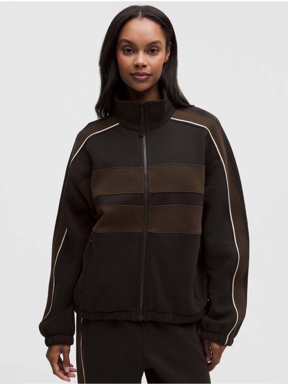 lululemon Black & Brown Zip-Up Oversized Jacket Striped Funnel Sz S
